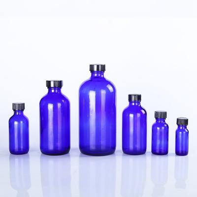 China 1oz 2oz Cosmetic Blue Round Boston Dropper Glass Bottle 5ml 10ml 15ml 20ml 30ml 50ml 60ml 100ml for sale