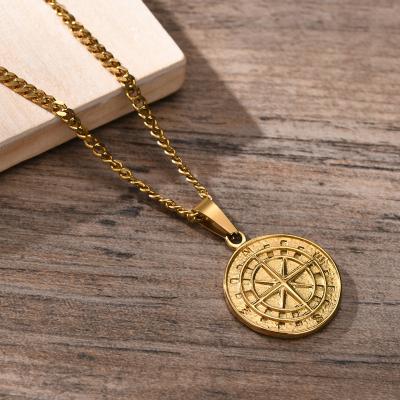 China Other Wholesale High quality Jewelry Stainless steel Gold Curb Cuban chain Coin Compass Pendant Necklace for man for sale