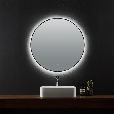 China Matt Black Thin Aluminum Framed Round Bathroom Mirror LED Lighted for sale