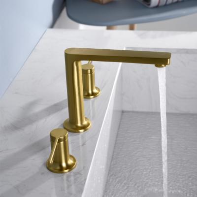 China Modern Deck Mounted 3 Hole Brushed Gold Finish Brass Sink Faucet for sale