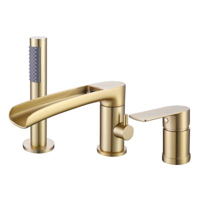 China Contemporary Modern Hot and Cold Water Bathtub Mixer Swept Gold Finish 3 Hole Deck Mounted Single Handle Brass Tub Faucet for sale