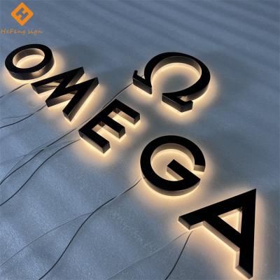 China Custom Buildings 3D Mirror Stainless Steel Halo Lit Channel Letter Light Backlit Led Shop Logo Sign for sale