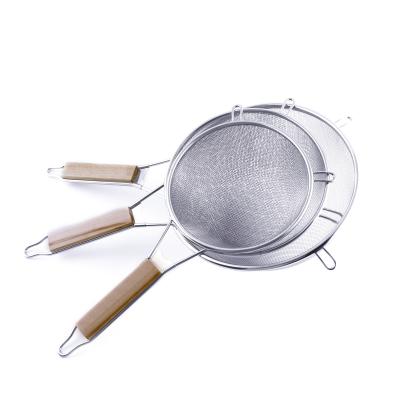 China Kitchen Sustainable Supply Large Capacity Stainless Steel Fine Mesh Juice Strainers With Wooden Handles Flour Sieve for sale