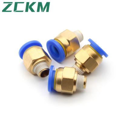 China Building Material Shops PC Series 1/8 1/4 3/8 1/2 M5 Bspt Blue Thread Male Straight Plated Brass Push For Connecting Pneumatic Fittings for sale