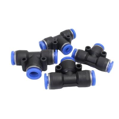 China Material of Construction Shops PE Series Blue Pneumatic Tee Three Ways Quick Connector T Type One Contact Fittings Push In Quick Connectors for sale