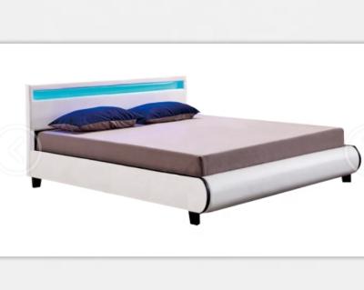 China Modern Design White Color PU Headboard LED Double Size Lighted Leather Bed Frame With Flat Headboard And Bow Footboard For Bedroom Furniture for sale