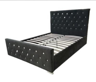 China Hot sale durable upholstery black PU leather bed frame with high tufted crystal buttons headboard and bedtail for bedroom furniture for sale