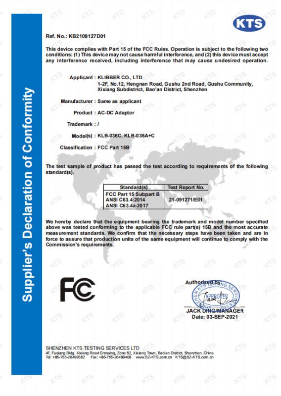 FCC - Shenzhen Klibao Electronics Co., Ltd.