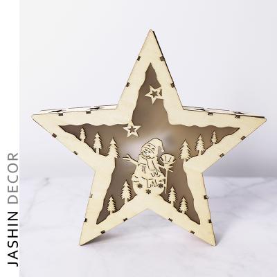 China New Eco-friendly Christmas Decorations With Hollow Five-pointed Star Wooden Luminous Decorative Lights Ornaments for sale