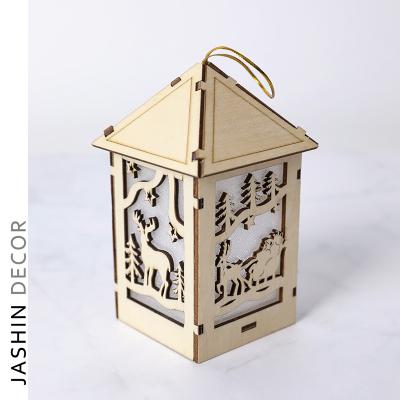 China Eco-friendly Christmas Decorations Home Christmas Tree Decoration Ornaments Snow Glowing Wooden House for sale