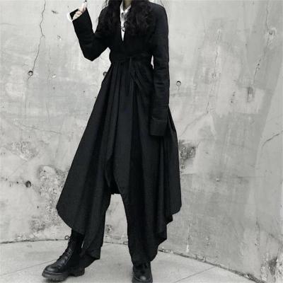 China Long Sleeve Breathable Dark Black Irregular Dress Women's Long Sleeve Shirt Dress Tie Design Waist Waist for sale