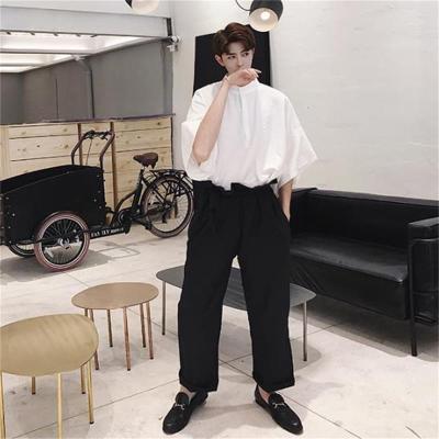 China Viable Viable Men Loose Casual Male Stand Collar Half Collar Shirts Pullover Tee Black White Black for sale