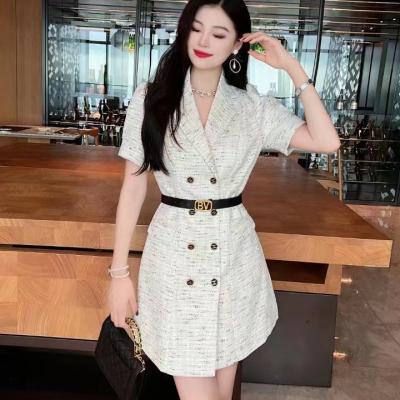 China 2022 Trends Madame Fashion Vintage Elegant Winter Long Sleeve Plaid Luxury Anti-static V-Neckline White Blazer Mini Clothes Dress For Women for sale