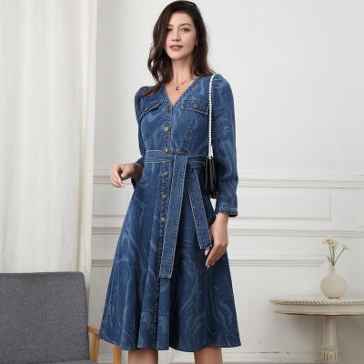 China Fashion Women Anti-Static Denim Dress Custom Made Premium Casual Long Belted Dress Women for sale