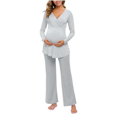 China 2pcs/set European Style Pregnant Women Sustainable Nursing Sleepwear Fashion Solid Color Long Robe Quilting Maternity Women's Pajamas for sale