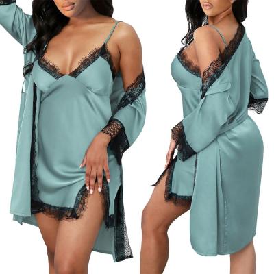 China 2021 Ckfashion Best-Selling Black V-Neckline Satin Lace Sexy Nightwear Women's Two-Piece Sets Ckfashion Anti-pilling Quality Skirt And Chemise for sale