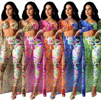 China Ckfashion Hot Selling Summer Floral Print Crop Sleeve Shirt And Pencil Top Anti-pilling Long Pants Set Women Elegant Three Piece Pants Set for sale