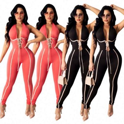 China Ckfashion New Arrival Anti-Wrinkle Lady Deep Sexy One Piece Jumpsuit 2021 Summer Solid Color V-Neck Bandage Women Bodycon Overalls for sale