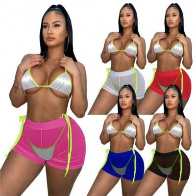 China Ckfashion 2021 Summer Bikini Women's Breathable Clothing Shorts 3 Piece Swimwear Bright Edge Sexy Mesh Solid Women Beach Swimwear Sets for sale