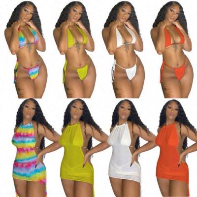 China Ckfashion Breathable 2021 Summer High Quality Swimsuit Sexy Bikini Dresses Cover Up 3 Pieces Set Women Mesh Beachwear Bandage Swimsuits for sale