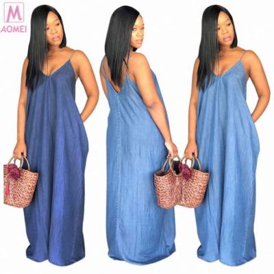 China Anti-Static Women's Maxi Dress Long Ladies Solid Sexy Elegant Color Casual Empire Line Denim Spaghetti Strap Floor Length Dress for sale