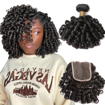 China SPARKBouncy Bouncy Curl Weave Funmi Hair Bundles With Closure Spiral Curly Weave Bundles With 4x4 Lace Closure Unprocessed Natural Hair for sale