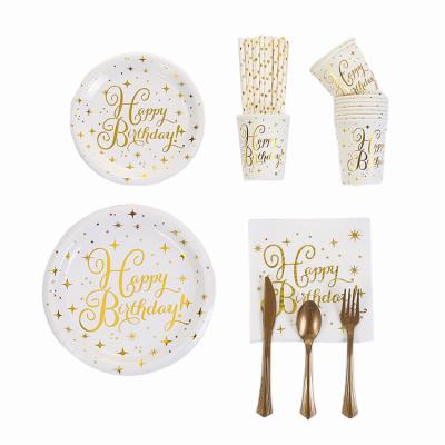 China Disposable Gold Party Disposable Dinner Plate Letter Paper Products Factory Happy Birthday Disposable Tableware for sale