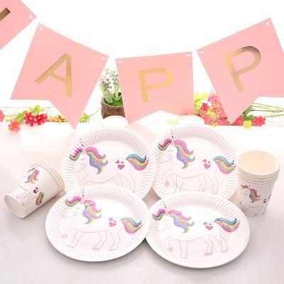 China Products Birthday Rainbow Horse Paper Plate Paper Cup Party Paper Tray Decoration Supplies Triangle Hanging Flag Ornament for sale