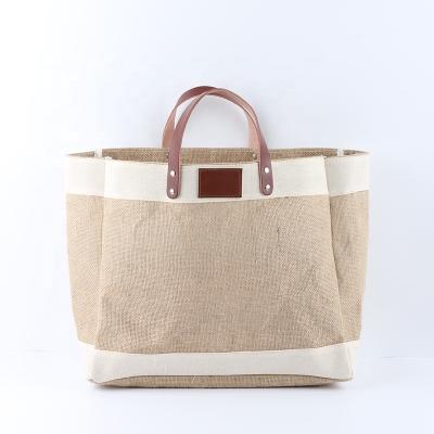 China Inner Pocket Reusable Jute Eco Handled Jute Eco Handled Tote Burlap Grocery Bags French Coating Bags With Leather Handles for sale