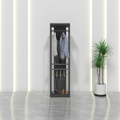 China New Style Stainless Steel MDF Decor Luxury Plated Men Clothing Display Stand Rack for sale