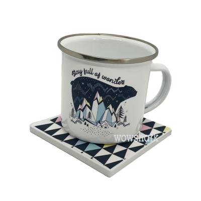 China Sustainable Sublimation 12oz Enamel Mug Vintage Camping Mug Set With Absorbed Mug Coaster for sale