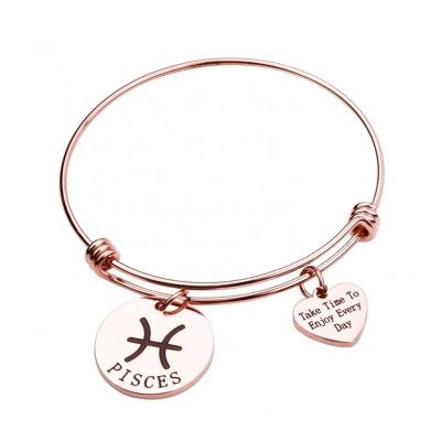 China Adjustable Stainless Steel Constellations Slap Bracelet Custom Rose Gold Zodiac Sign Charm Bracelet Jewelry for sale