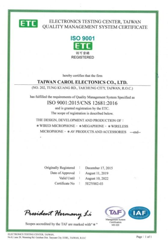 ISO9001 - TAIWAN CAROL ELECTRONICS CO., LTD.