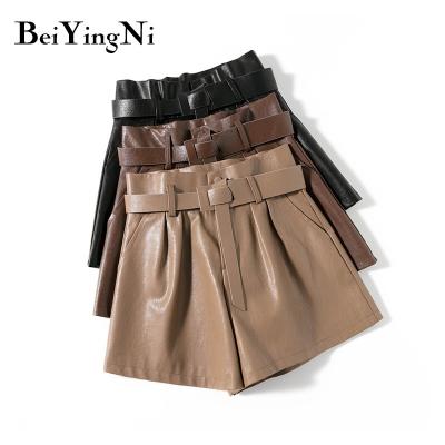 China Breathable Fashion Casual Vintage Pockets PU Leather Solid Belt High Waist Shorts Pants Women for sale