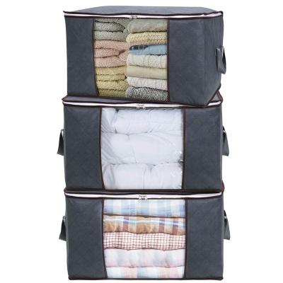 China Folding 180g Gray Breathable Wardrobe Organizer Bag 3 Tiers With Handle Clear Window Nonwoven Clothes Storage Bags for sale