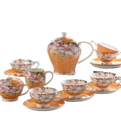 China Luxury Morden Bone China Tea Cup and Saucer Flower Pot Porcelain Tea Set 6 Cups and Saucers for 6 People 15pcs with Milk Jug and Sugar Bowl for sale