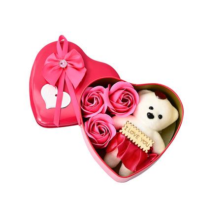 China Cute Soap Flower Three Flowers Include Handmade Gift Box With Custom Soap Plants Color Teddy Bear Soap Flower for sale