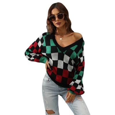 China Other Early autumn 2022 new European and American foreign trade Amazon women's V-neck plaid color bump large size sweater pullover swe for sale