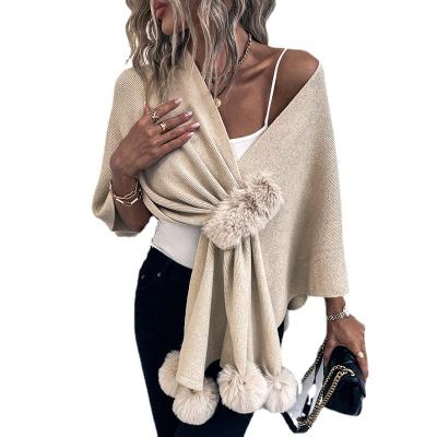 China Other Wool Rain Pure Color Wool Ball Cloak Sweater Women's 2022 Autumn and Winter New Europe and America Cross border Women's Cape Kni for sale