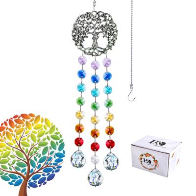 China Bohemian H&D Hanging Crystal Ball Prisms Suncatcher Metal Tree of Life Charm with Chakra Beads Rainbow Maker Window Garden Pendant Decor for sale