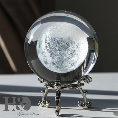 China China Clear Space Crystal Ball Sphere Display Moon Paperweight Healing Meditation Ball With Metal Stand For Creative Gift 70MM for sale