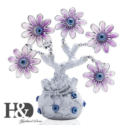 China Europe H&D Chinese Feng Shui Decoration Blue Evil Eyes Purple Flowers Silver Branches Bonsai Tree Bendable On Treasure Pot for sale