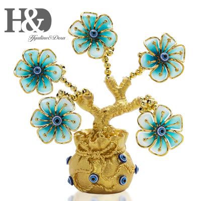 China Feng Shui Decoration Blue Green Chinese Europe H&D Evil Eyes Flower Branches Golden Bonsai Bendable Tree on Treasure Pot for sale