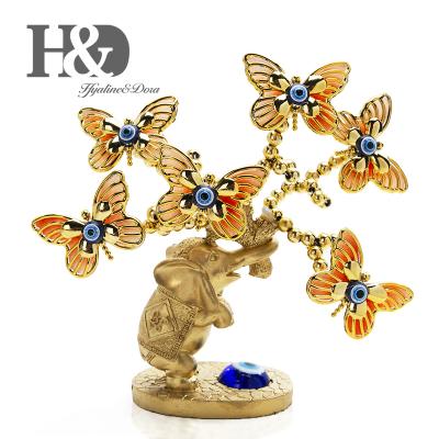 China Europe H&D Chinese Feng Shui Decoration Blue Evil Eyes Bendable Gold Butterfly Decor Branches Bonsai Tree On Elephant Base for sale