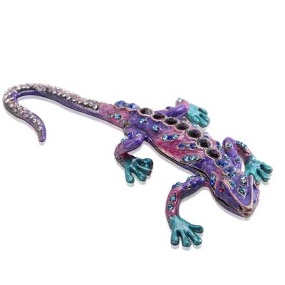 China Ring Holder& H&D jewelry container H&D purple diamond lizard figurine trinket encrusted collectible Ring Holder hand painted hinged box for sale