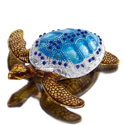 China Ring Holder& Hand Painted Box Crystal Studded Pewter Jewelry Trinket Sea Turtle Jewelry Container H&D Encrusted Ring Holder Mother's Day Gift for sale