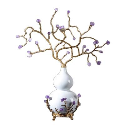 China High End Luxury European American White Slit Amethyst Ornaments Art Decor Gift Porch Porch Ceramic Gourd with Copper Ornaments for sale