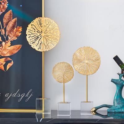 China Art Decor Light Luxury Modern Abstract Crystal Base With Metal Lotus Leaf Plated Three Creative Table Furnishing For Home Decor for sale