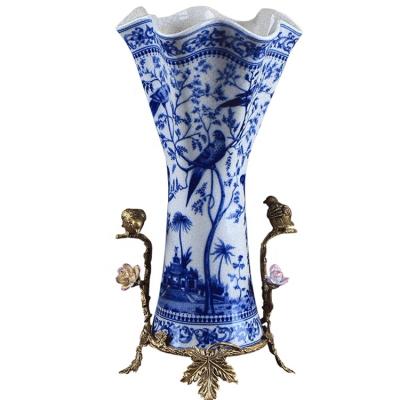 China Wave Retro Ceramic Handmade Flowers Vase Hand Painted Ceramic Home Living European Traditional Creative Mouth With Copper Decorative Birds for sale