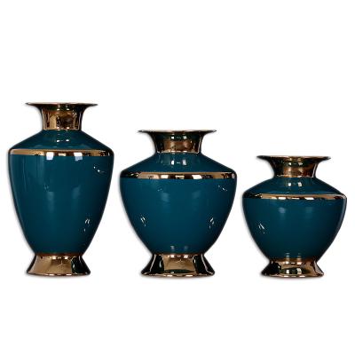 China Art Decor European style modern simple home vase gold-edged three-piece green ceramic vase for sale